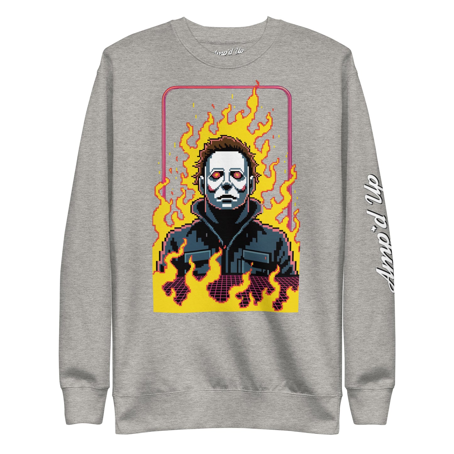Gray Retro Jason Sweatshirt by Amp'd Up Custom featuring pixel art horror character with flames