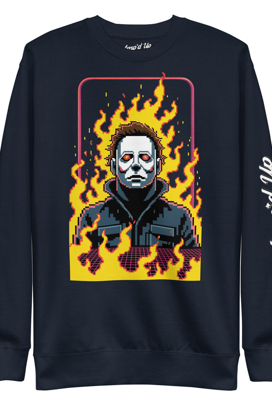 Amp'd Up Custom Retro Jason Sweatshirt featuring pixel art Jason with flames on black crewneck