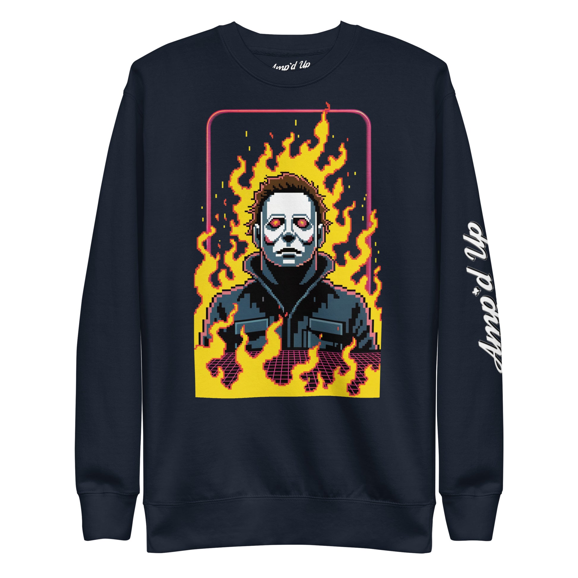 Amp'd Up Custom Retro Jason Sweatshirt featuring pixel art Jason with flames on black crewneck