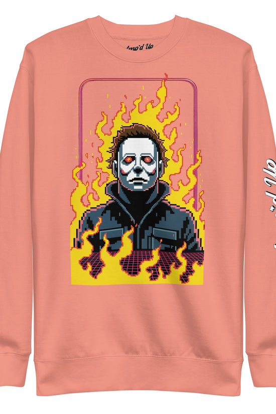 Amp'd Up Custom Retro Jason Sweatshirt with pixel art design of Jason surrounded by flames on peach background