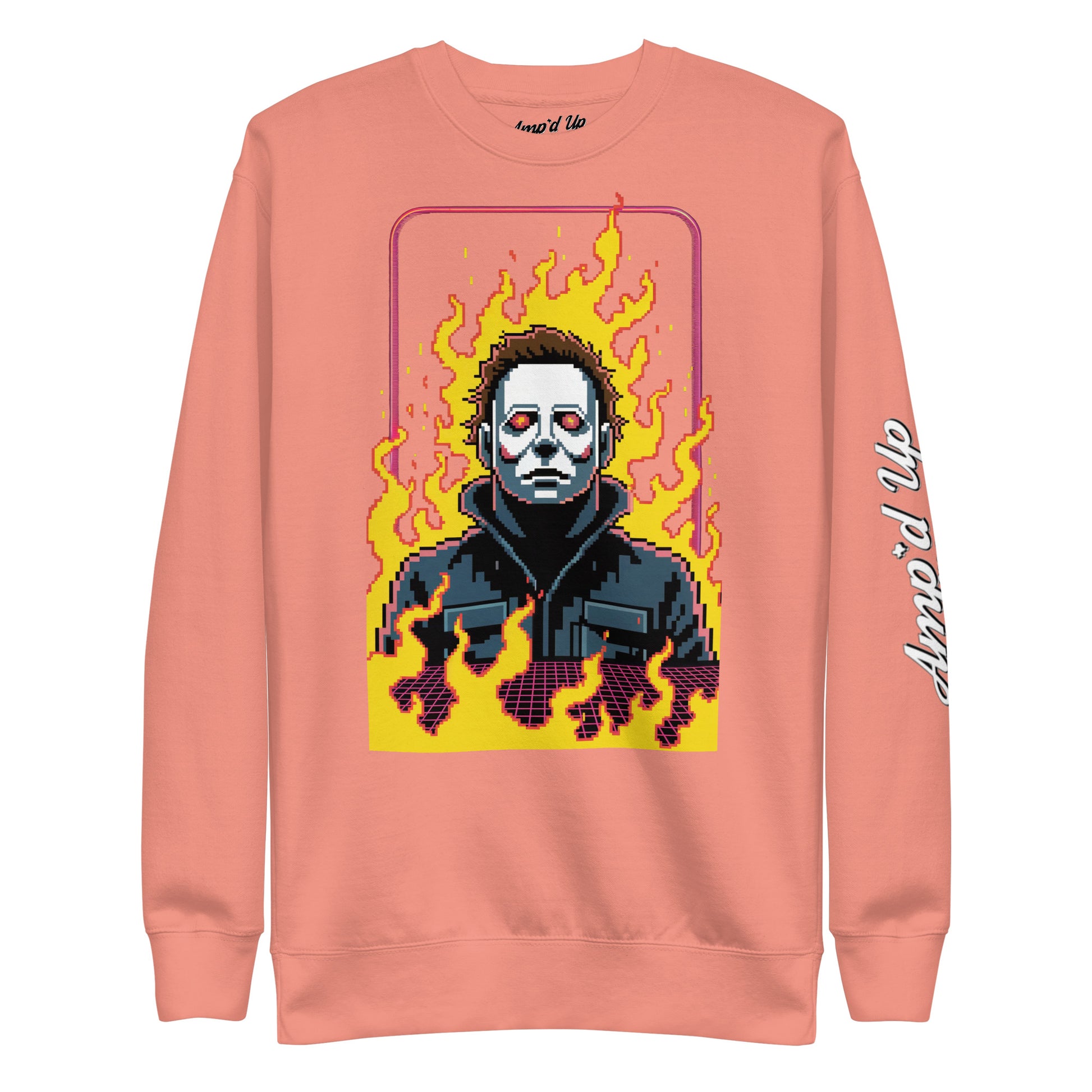 Amp'd Up Custom Retro Jason Sweatshirt with pixel art design of Jason surrounded by flames on peach background