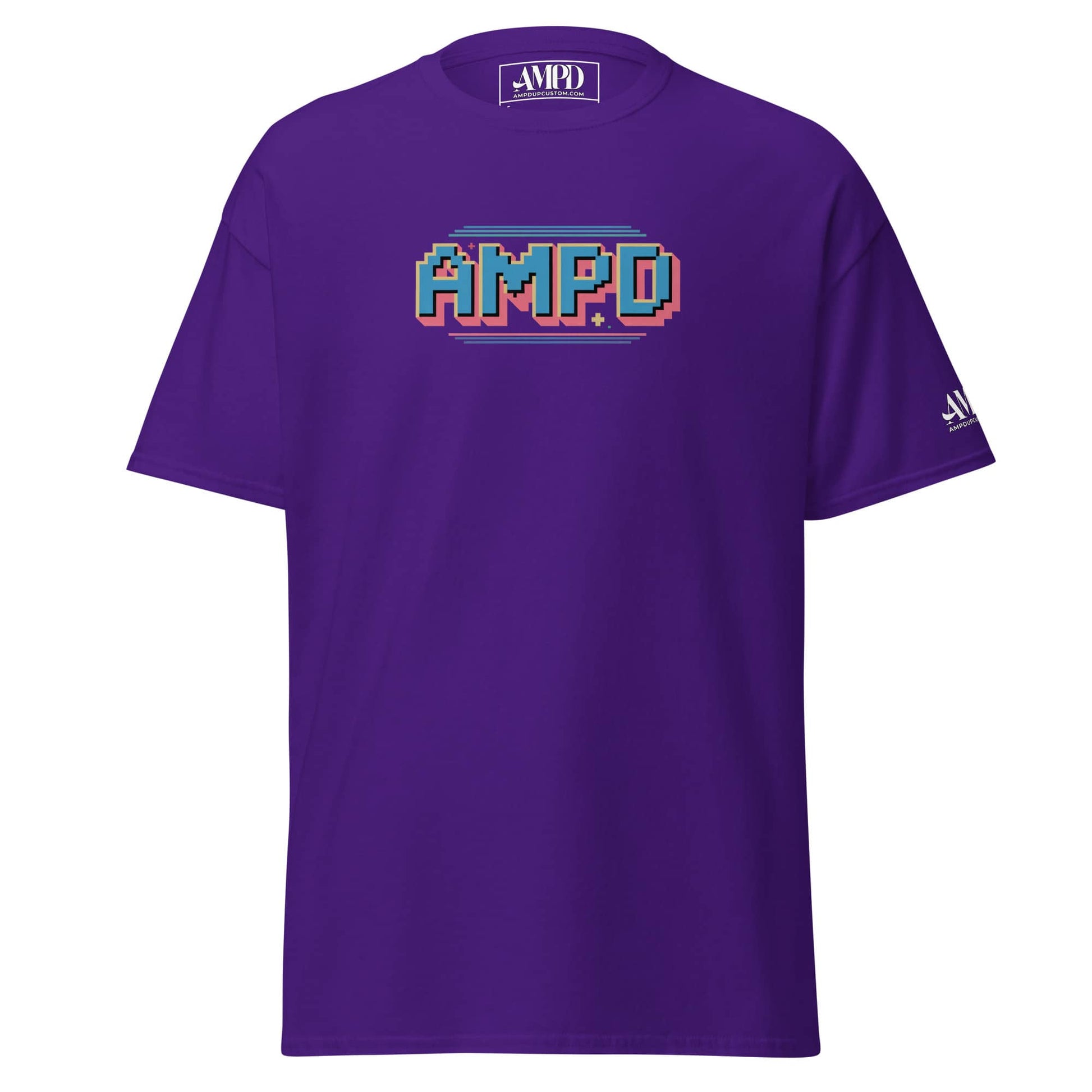 Retro Pixelated AMPD 1980s arcade game Graphic T-Shirt in purple with colorful logo design
