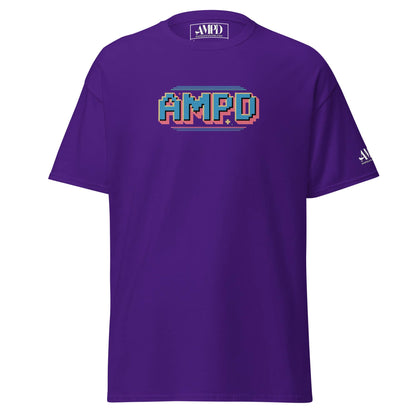 Retro Pixelated AMPD 1980s arcade game Graphic T-Shirt in purple with colorful logo design