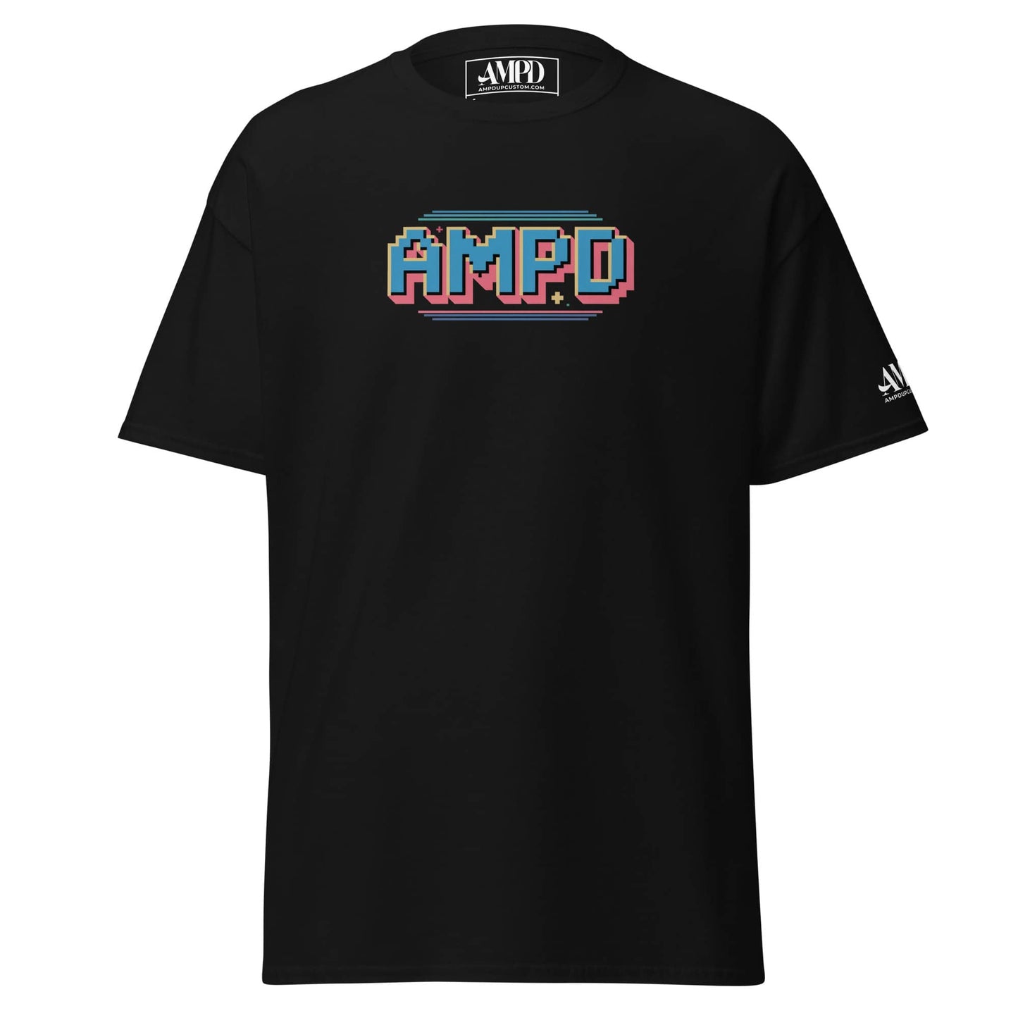 Black Retro Pixelated AMPD 1980s arcade game Graphic T-Shirt with colorful pixel logo