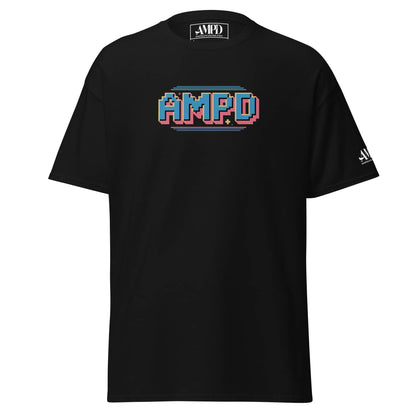 Black Retro Pixelated AMPD 1980s arcade game Graphic T-Shirt with colorful pixel logo
