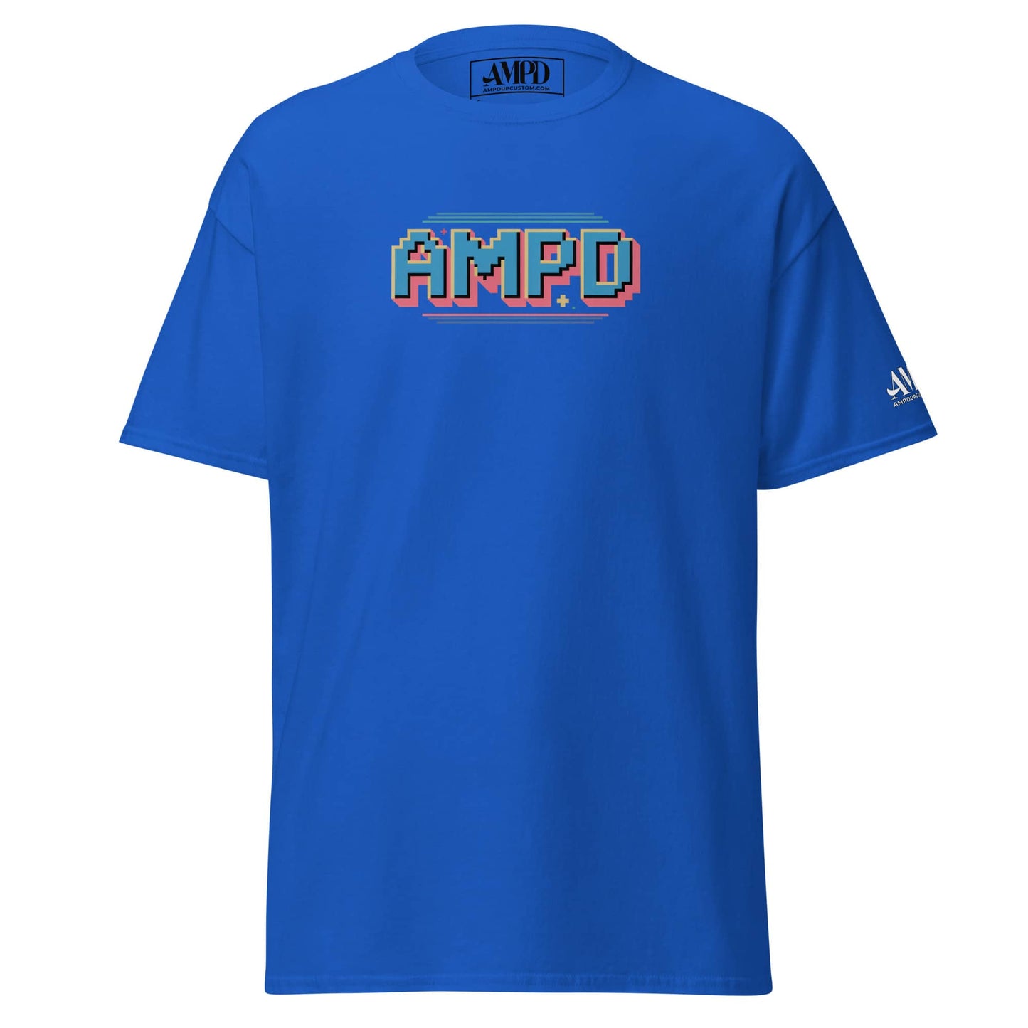 Blue Retro Pixelated AMPD 1980s arcade game Graphic T-Shirt from Amp'd Up Custom