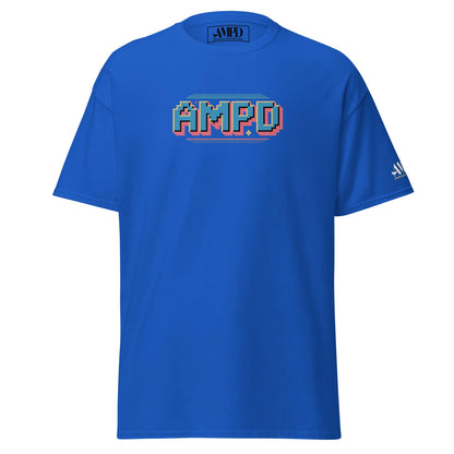 Blue Retro Pixelated AMPD 1980s arcade game Graphic T-Shirt from Amp'd Up Custom