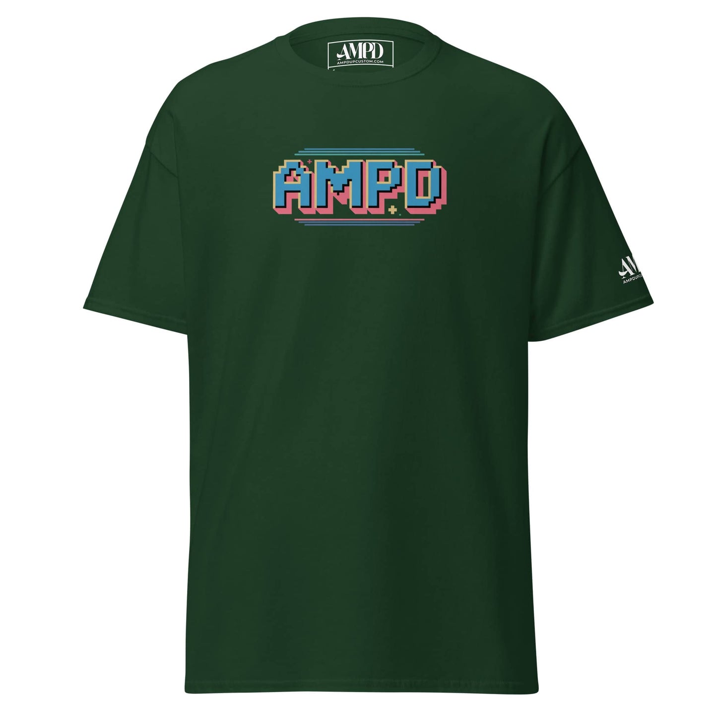 Retro Pixelated AMPD 1980s arcade game Graphic T-Shirt in green color with classic arcade design