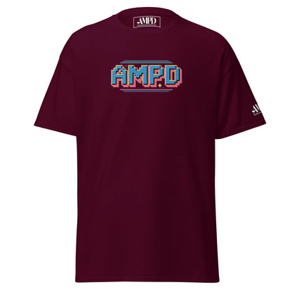 Retro Pixelated AMPD 1980s arcade game Graphic T-Shirt in burgundy with vibrant pixel graphics