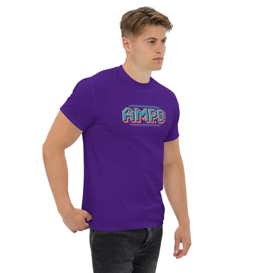 Retro Pixelated AMPD 1980s arcade game Graphic T-Shirt in purple worn by a model