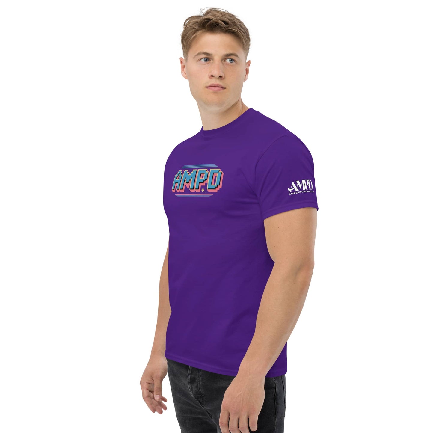 Purple Retro Pixelated AMPD 1980s arcade game Graphic T-Shirt for gaming enthusiasts