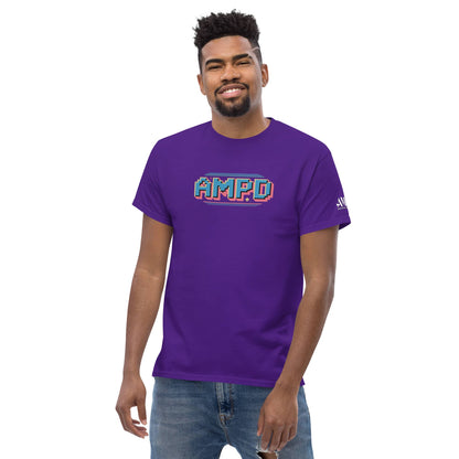 Model wearing a purple Retro Pixelated AMPD 1980s arcade game Graphic T-Shirt with colorful design