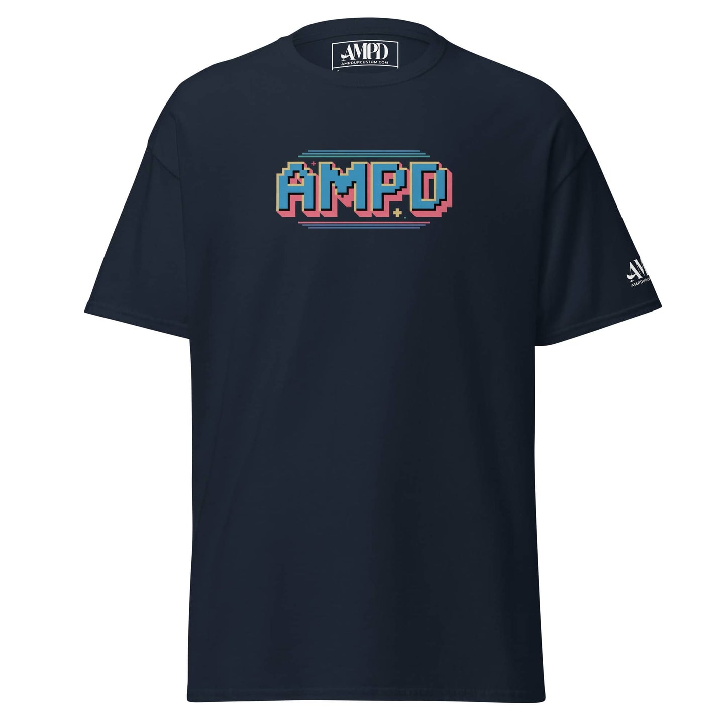 Retro Pixelated AMPD 1980s arcade game Graphic T-Shirt in navy blue with colorful pixel design