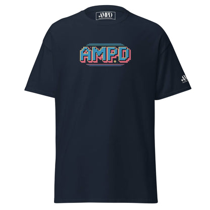 Retro Pixelated AMPD 1980s arcade game Graphic T-Shirt in navy blue with colorful pixel design