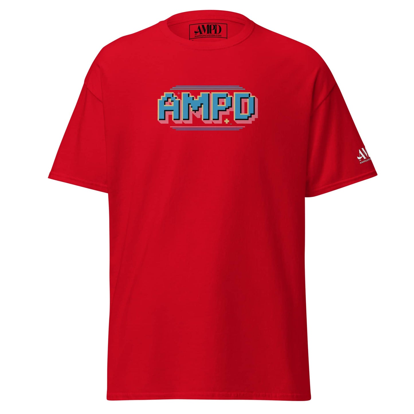 Red Retro Pixelated AMPD 1980s arcade game Graphic T-Shirt with vibrant pixel art design