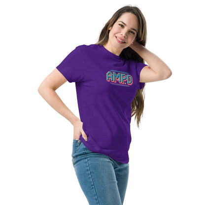 Retro Pixelated AMPD 1980s arcade game Graphic T-Shirt in purple with a colorful logo design