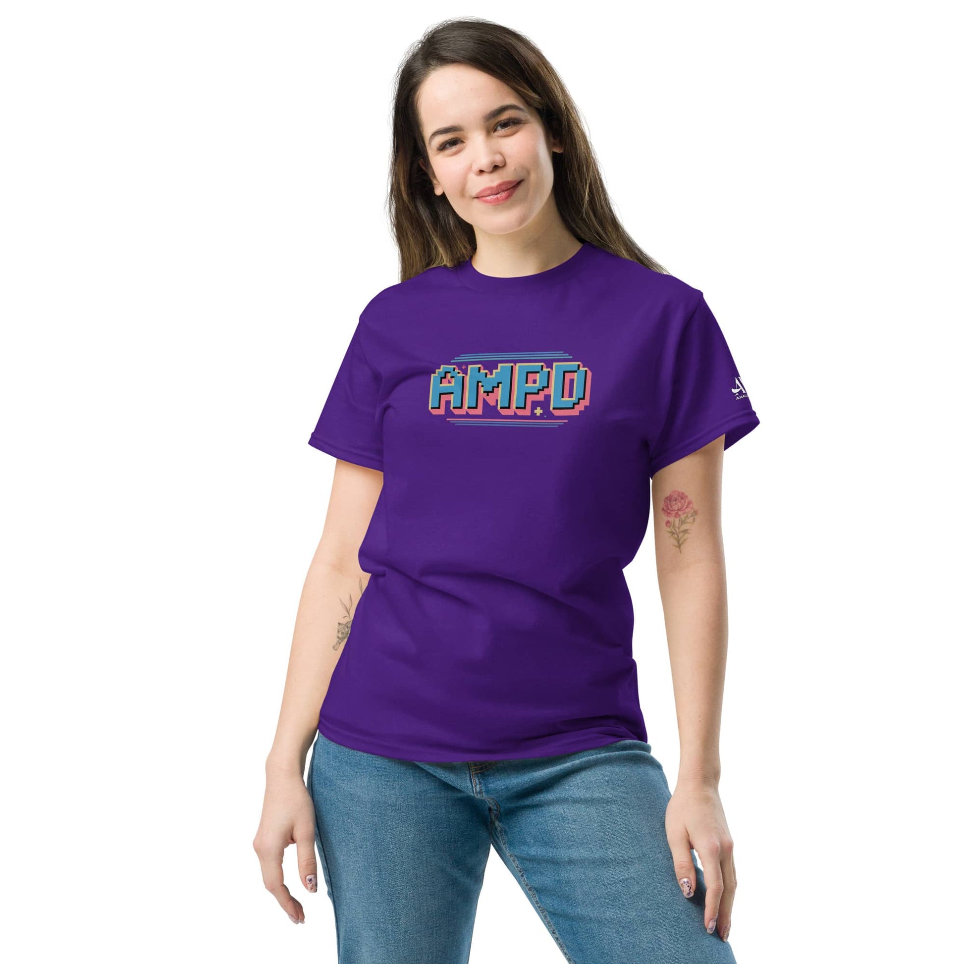Retro Pixelated AMPD 1980s arcade game Graphic T-Shirt in vibrant purple color