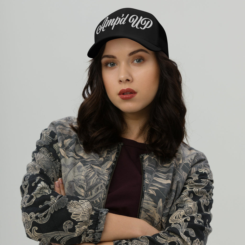 Amp'd Up Cursive Embroidered Trucker Cap - Amp'd Up Custom