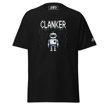 Robot Clanker T-Shirt Funny Sci-Fi Robot Graphic Tee featuring a pixel art robot design on a black shirt