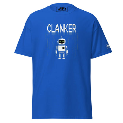 Robot Clanker T-Shirt Funny Sci-Fi Robot Graphic Tee in blue with pixelated robot design