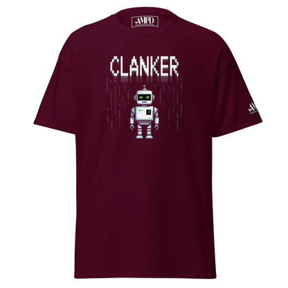 Amp'd Up Custom Robot Clanker T-Shirt Funny Sci-Fi Robot Graphic Tee in burgundy with pixel art design