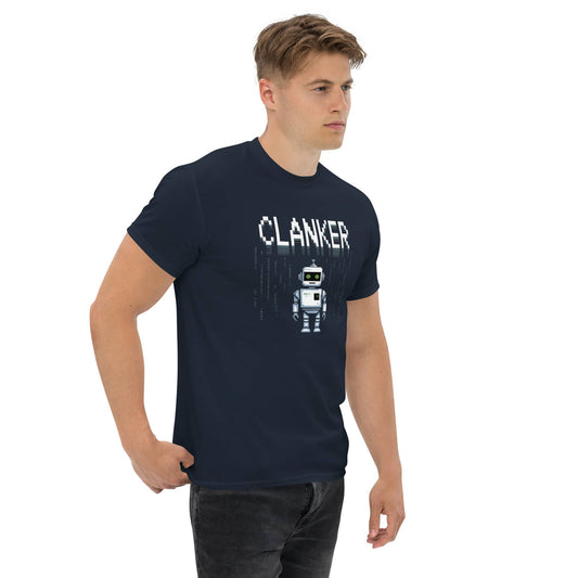 Amp'd Up Custom Robot Clanker T-Shirt Funny Sci-Fi Robot Graphic Tee in navy blue on a model