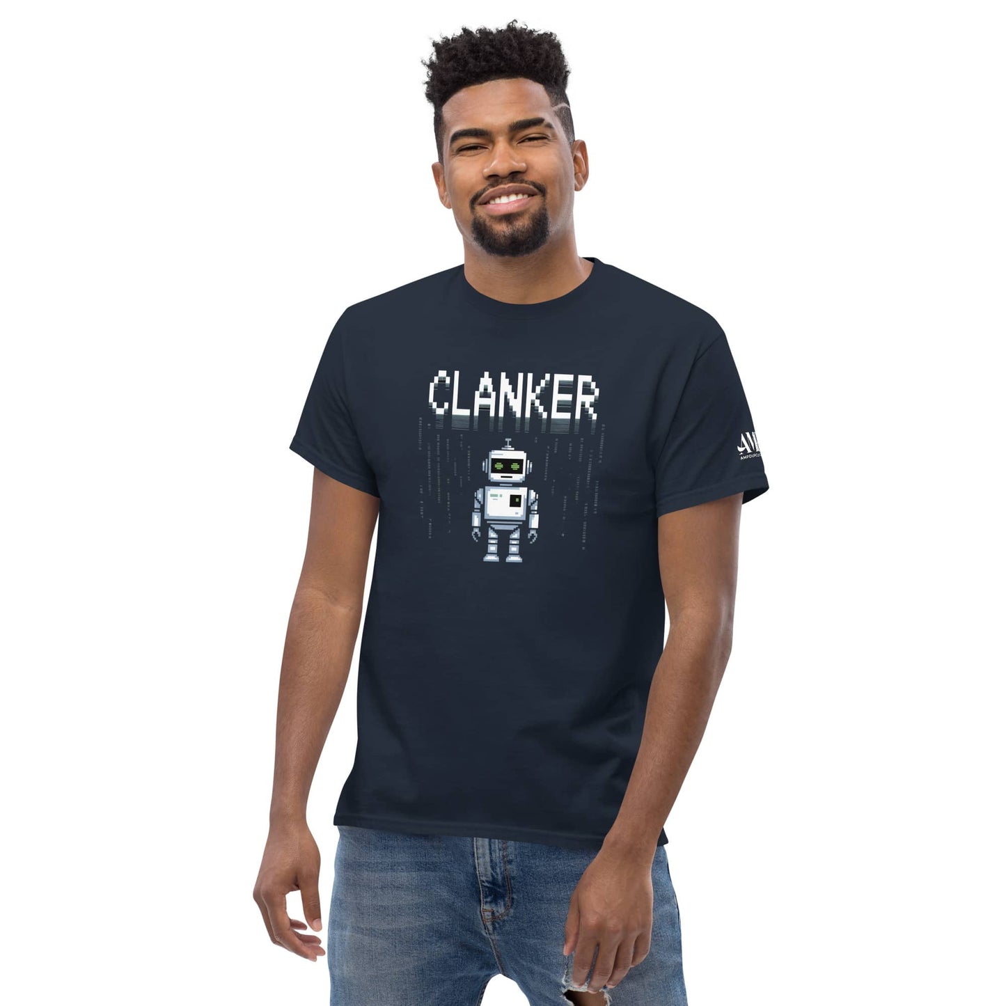 Robot Clanker T-Shirt Funny Sci-Fi Robot Graphic Tee in navy with retro robot design