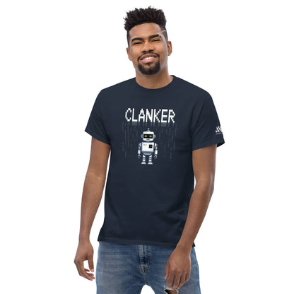 Robot Clanker T-Shirt Funny Sci-Fi Robot Graphic Tee in navy with retro robot design