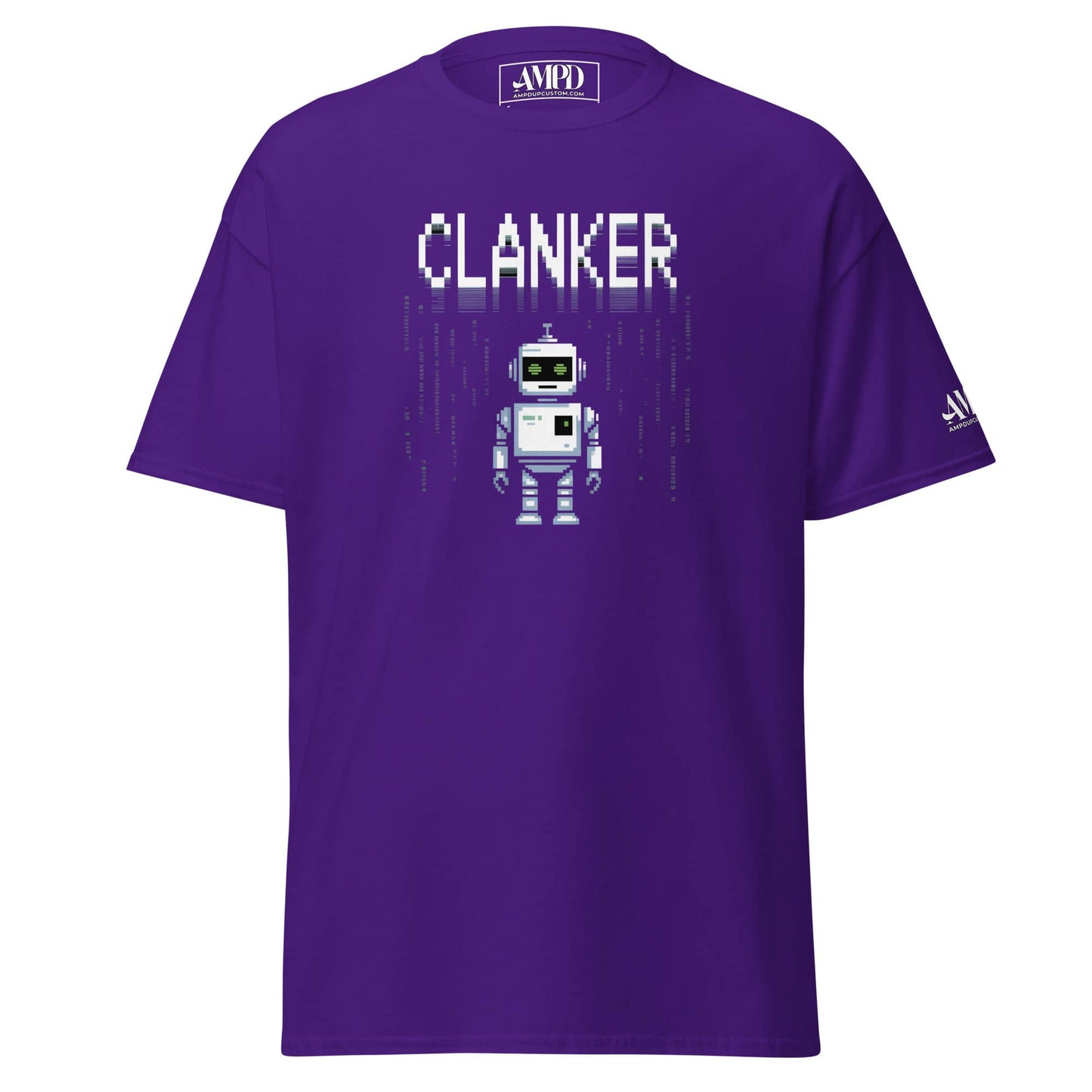 Robot Clanker T-Shirt Funny Sci-Fi Robot Graphic Tee in Purple with Pixel Art Design
