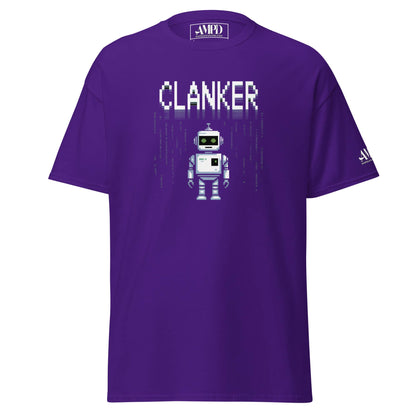 Robot Clanker T-Shirt Funny Sci-Fi Robot Graphic Tee in Purple with Pixel Art Design