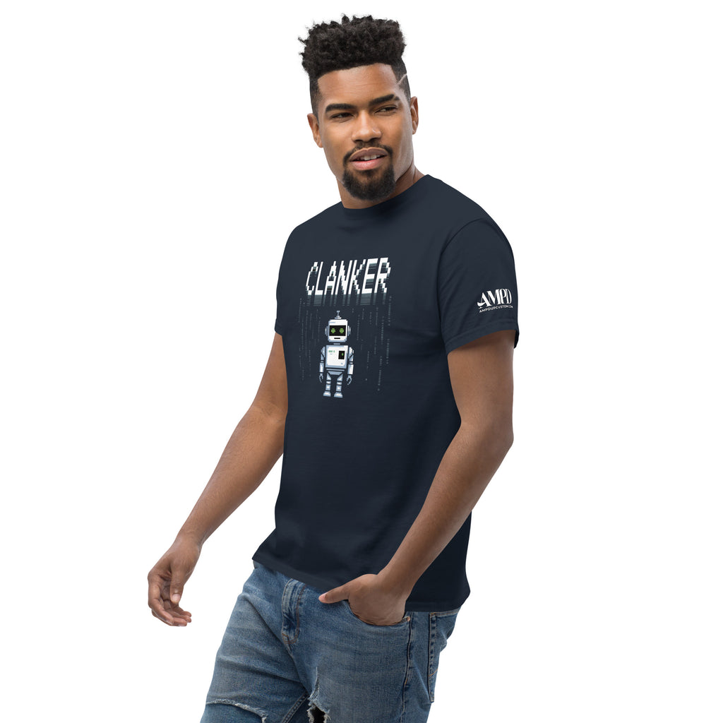 Amp'd Up Custom Robot Clanker T-Shirt Funny Sci-Fi Robot Graphic Tee in navy with a playful robot design
