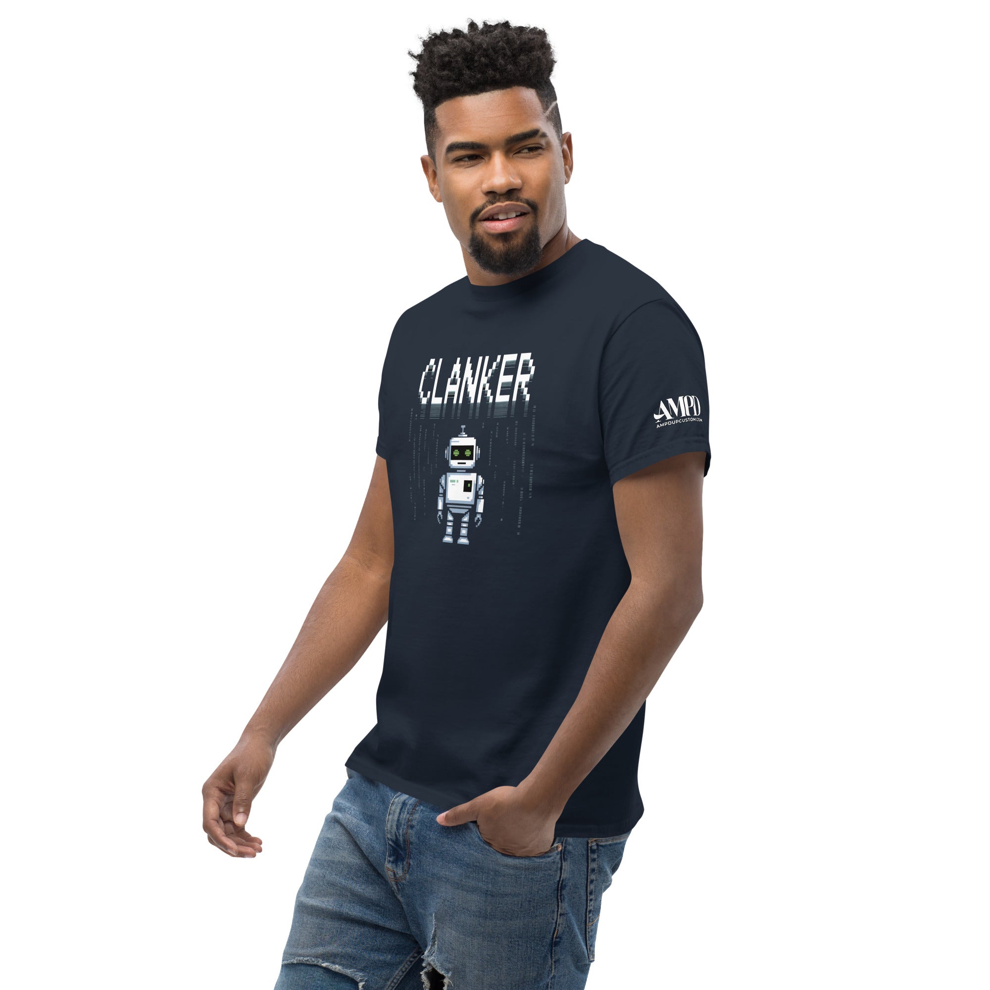 Amp'd Up Custom Robot Clanker T-Shirt Funny Sci-Fi Robot Graphic Tee in navy with a playful robot design