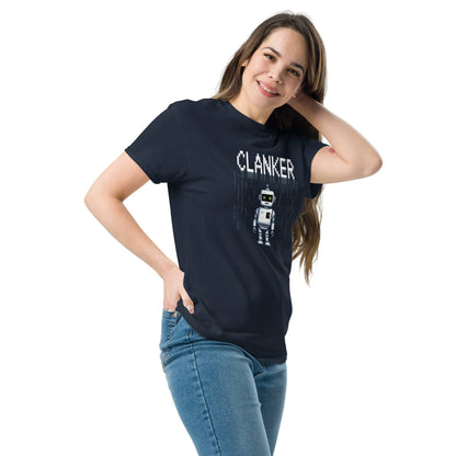 Woman wearing Robot Clanker T-Shirt Funny Sci-Fi Robot Graphic Tee featuring a cute robot design