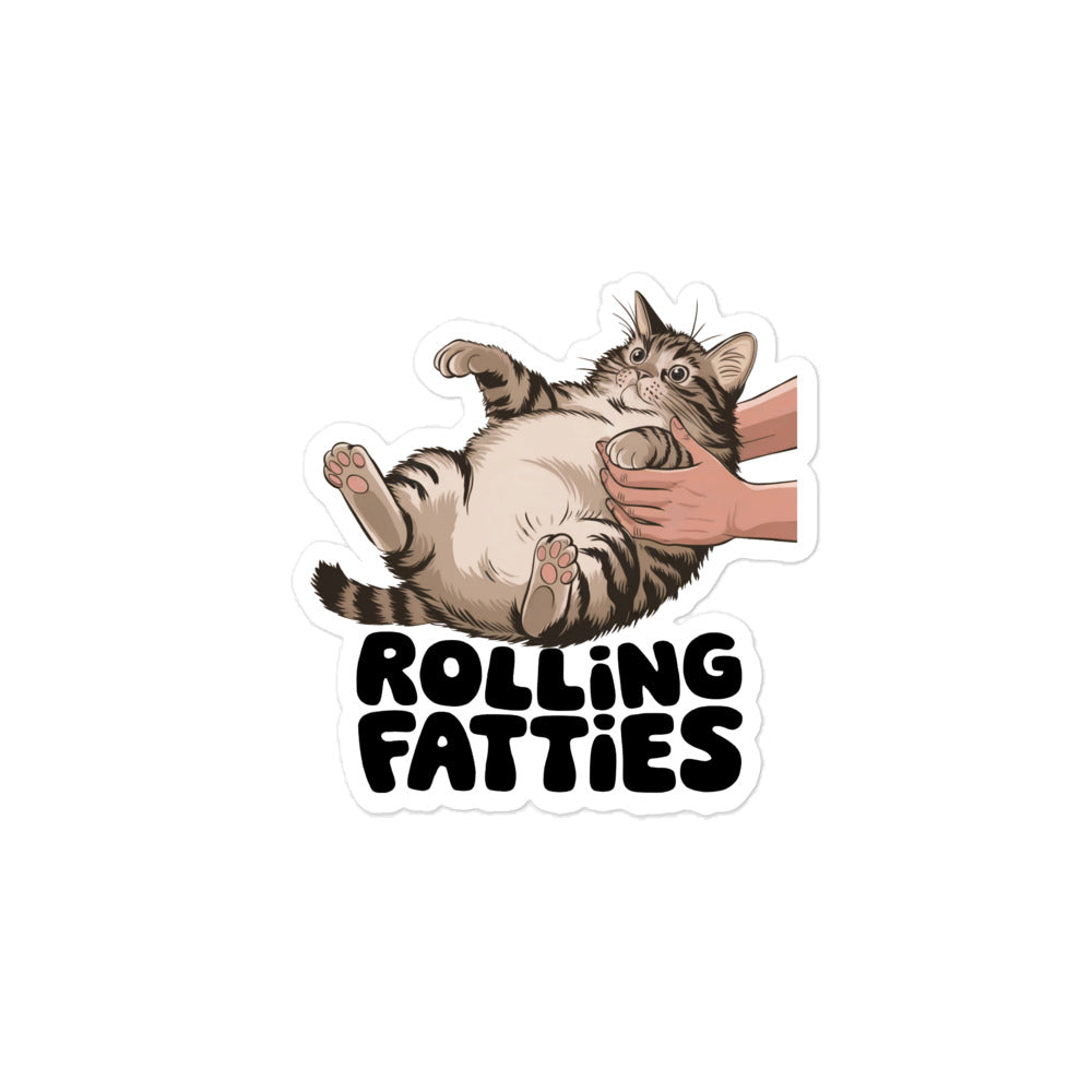 Rolling fatties sticker featuring a cartoon cat being playfully held and displayed