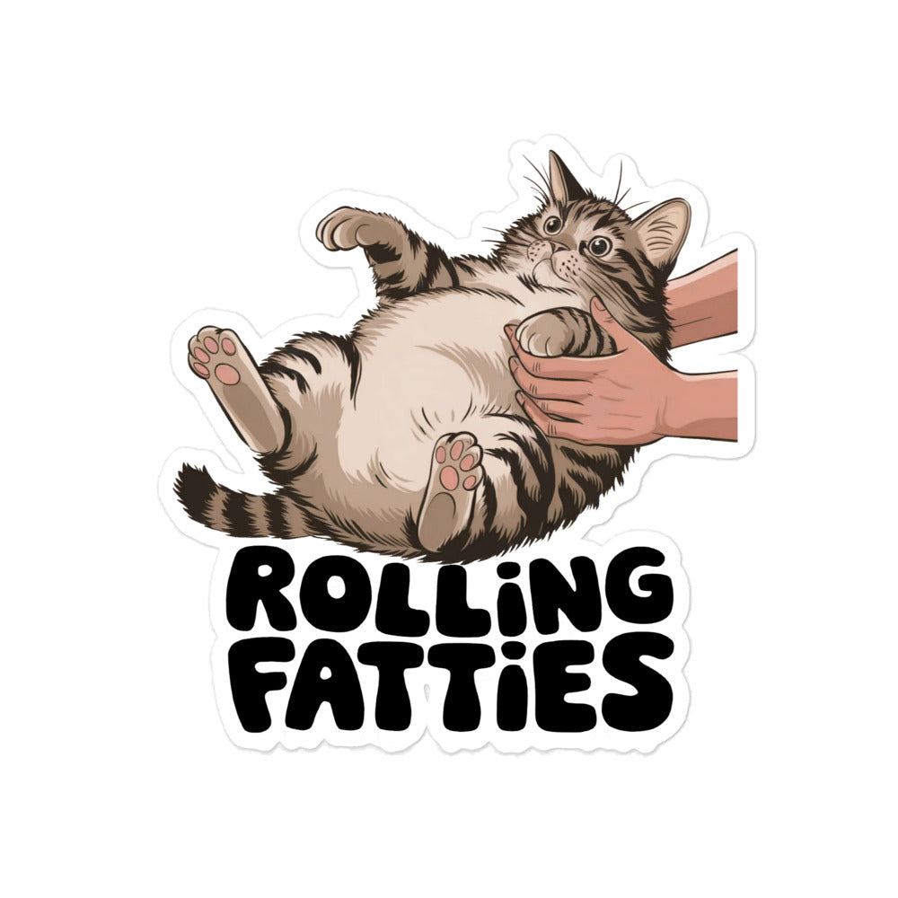 Rolling fatties sticker featuring a playful cat being held on its back with oversized text