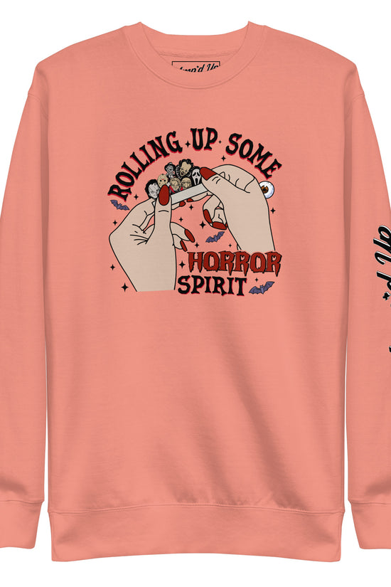 Amp'd Up Custom coral sweatshirt featuring Rolling Up Some Horror Spirit Sweatshirt graphic with hands rolling a joint