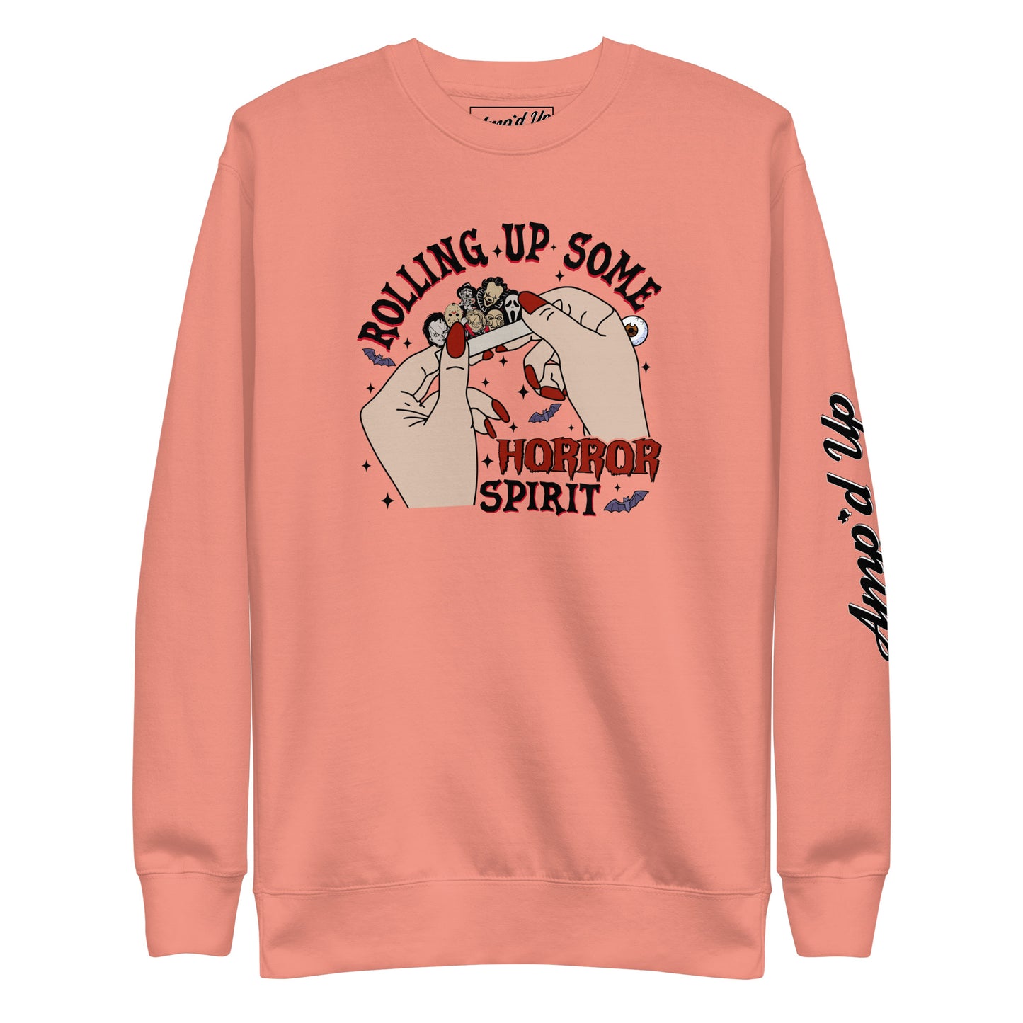 Amp'd Up Custom coral sweatshirt featuring Rolling Up Some Horror Spirit Sweatshirt graphic with hands rolling a joint
