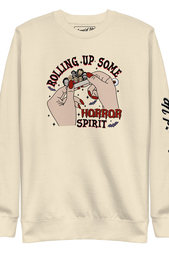 Amp'd Up Custom Rolling Up Some Horror Spirit Sweatshirt with graphic hands rolling paper on cream sweatshirt