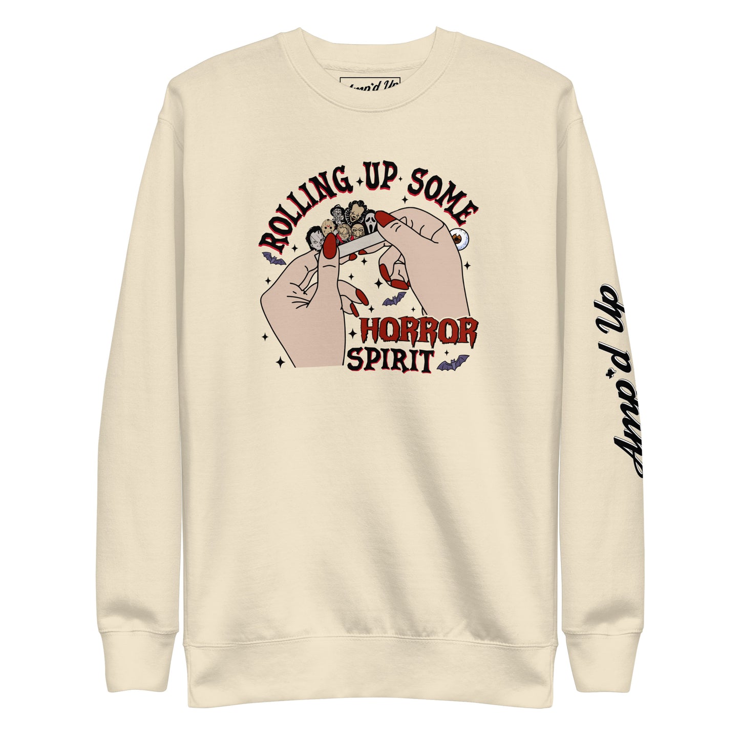 Amp'd Up Custom Rolling Up Some Horror Spirit Sweatshirt with graphic hands rolling paper on cream sweatshirt