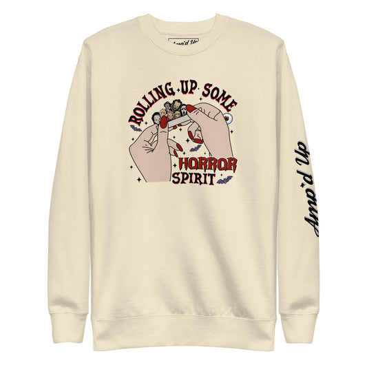 Amp'd Up Custom Rolling Up Some Horror Spirit Sweatshirt with graphic hands rolling paper on cream sweatshirt