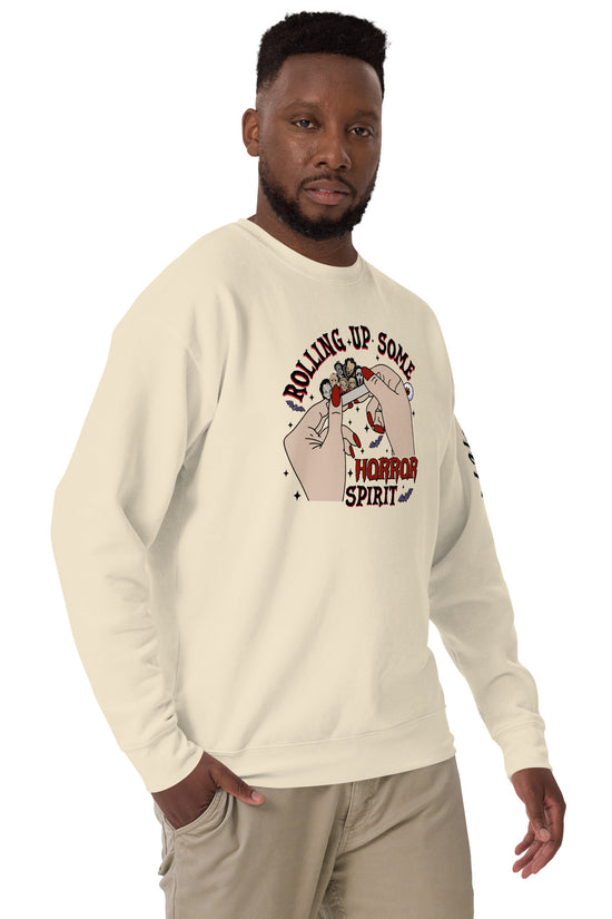 Rolling Up Some Horror Spirit Sweatshirt by Amp'd Up Custom worn by man in beige casual outfit