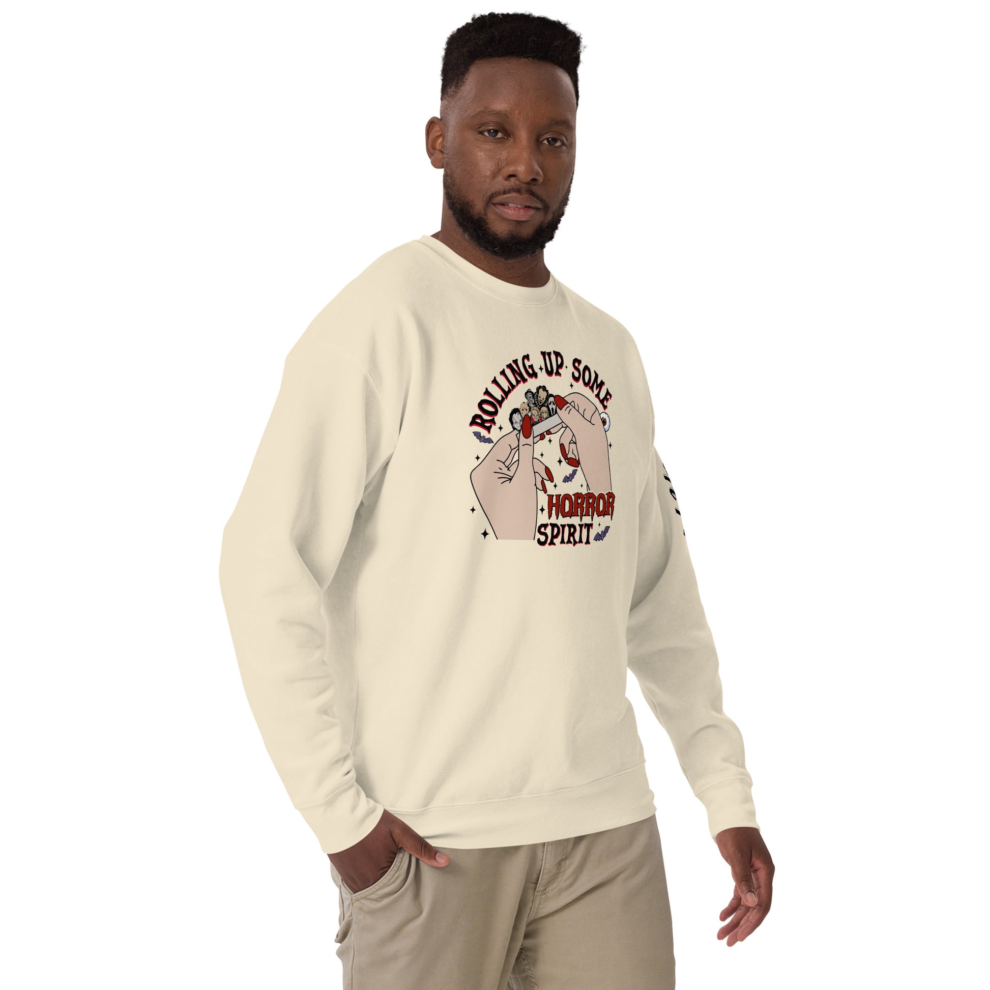 Rolling Up Some Horror Spirit Sweatshirt by Amp'd Up Custom worn by man in beige casual outfit