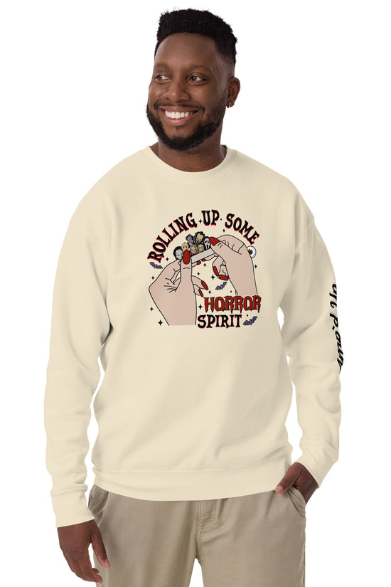 Amp'd Up Custom Rolling Up Some Horror Spirit Sweatshirt cream crewneck with horror-themed graphic