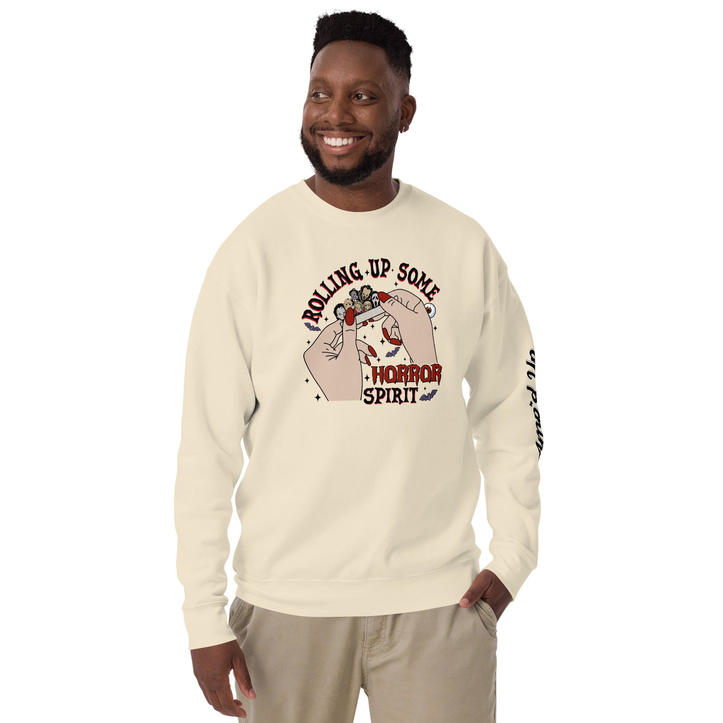 Amp'd Up Custom Rolling Up Some Horror Spirit Sweatshirt cream crewneck with horror-themed graphic