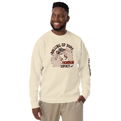 Amp'd Up Custom Rolling Up Some Horror Spirit Sweatshirt cream crewneck with horror-themed graphic