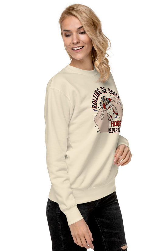 Amp'd Up Custom Rolling Up Some Horror Spirit Sweatshirt in cream color worn by a smiling woman