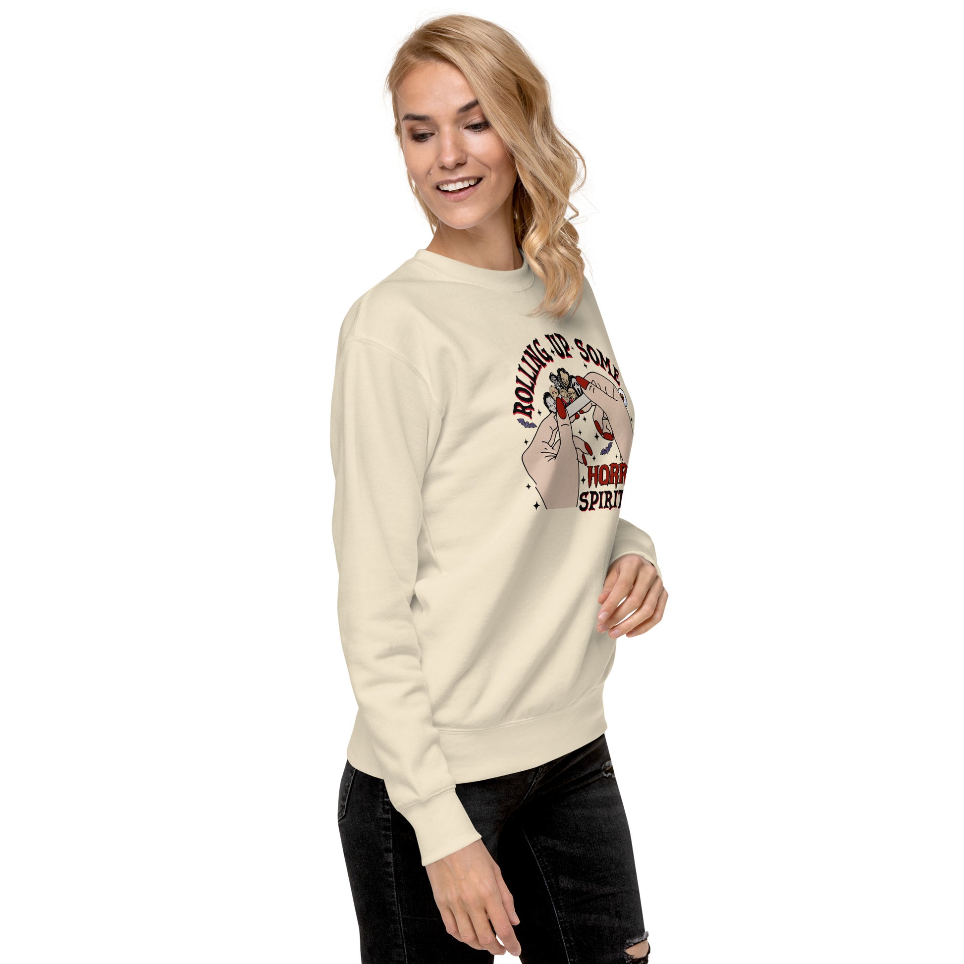 Amp'd Up Custom Rolling Up Some Horror Spirit Sweatshirt in cream color worn by a smiling woman