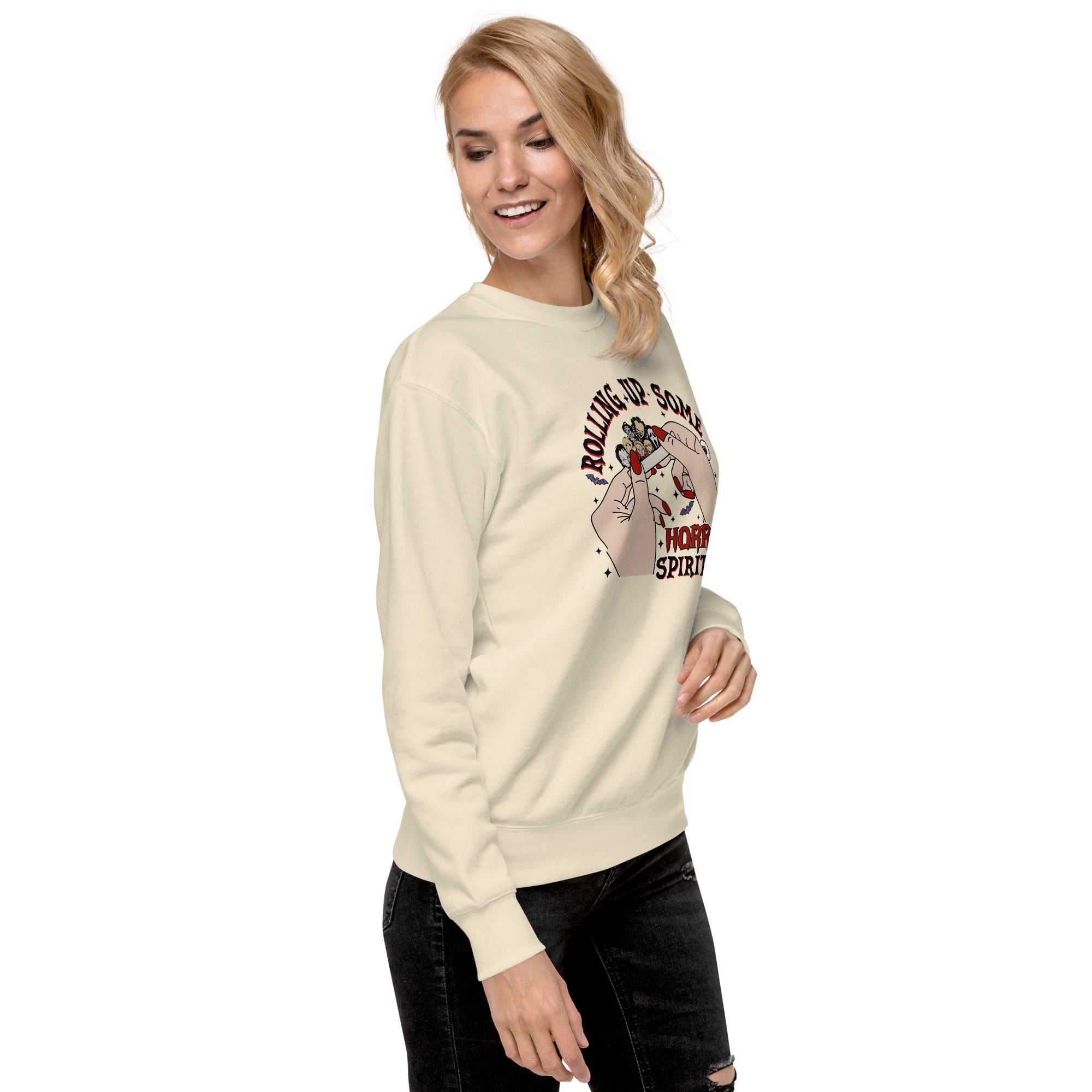 Amp'd Up Custom Rolling Up Some Horror Spirit Sweatshirt in cream color worn by a smiling woman