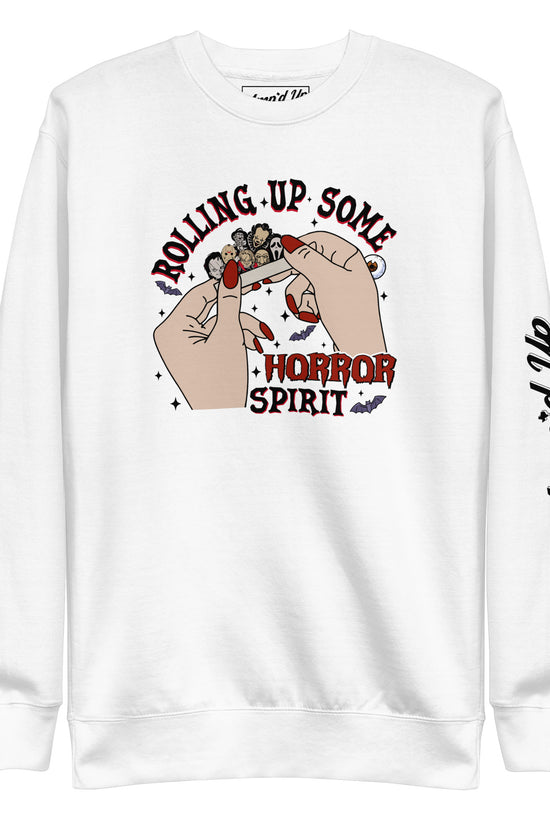 Amp'd Up Custom white sweatshirt featuring Rolling Up Some Horror Spirit Sweatshirt graphic with hands rolling a horror-themed joint