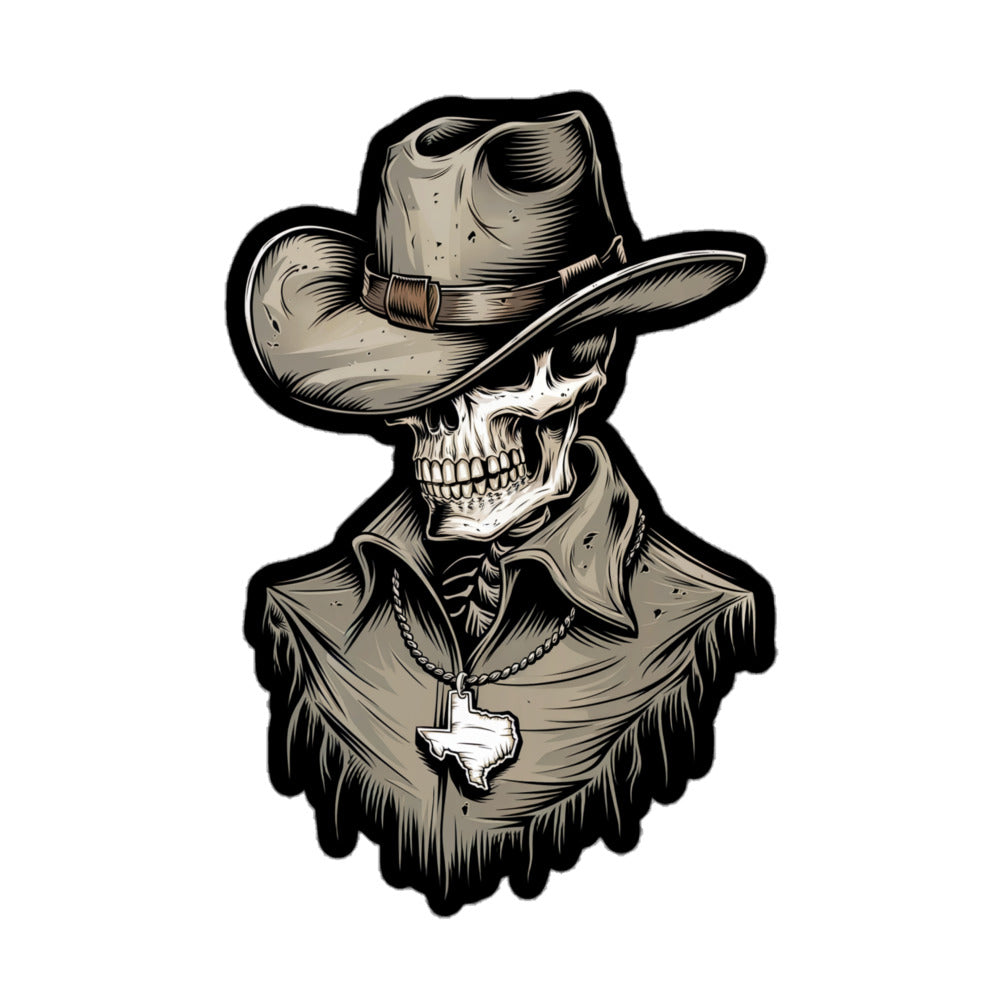 Skeleton Cowboy sticker featuring a skull wearing a wide-brimmed hat and a Texas pendant necklace